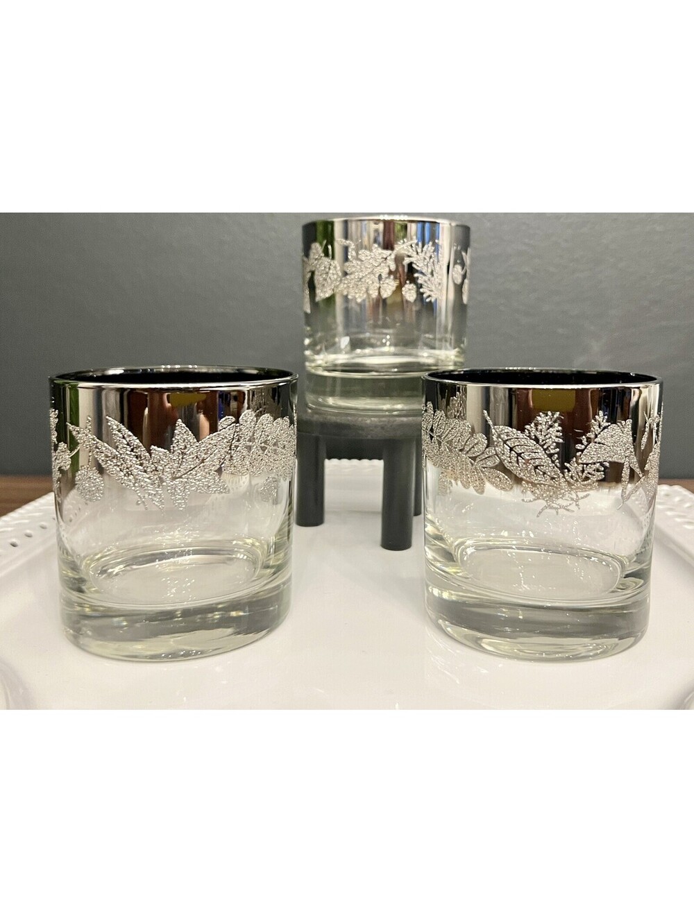 Vintage MCM Dorothy Thorpe Silver Band Roly Poly Fade Lowball Glasses   Set of 3